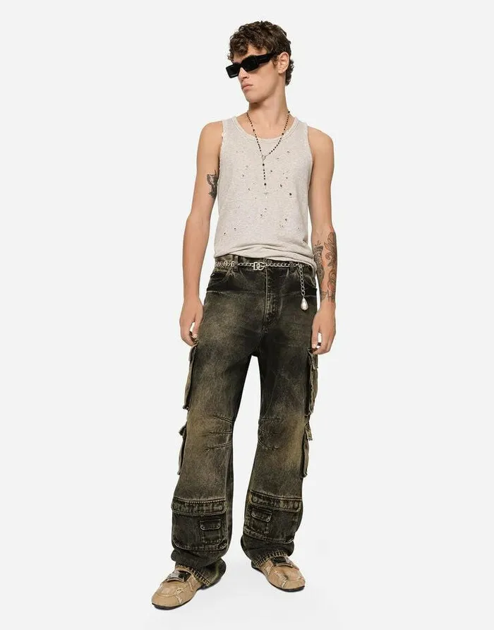 Dolce and Gabbana Denim Men Overdyed And Washed Denim Cargo Jeans Multicolor