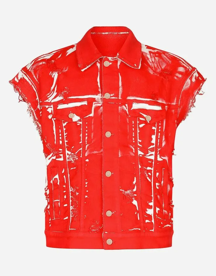 Dolce and Gabbana Denim Men Overdyed Sleeveless Stretch Denim Jacket Red