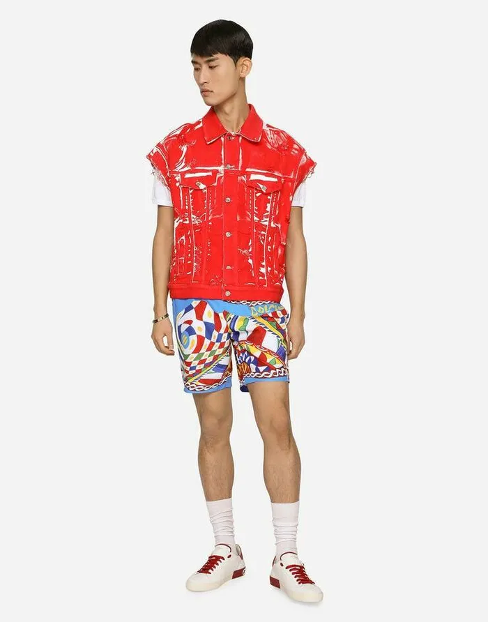 Dolce and Gabbana Denim Men Overdyed Sleeveless Stretch Denim Jacket Red Dolce and Gabbana Denim Men Overdyed Sleeveless Stretch Denim Jacket Red