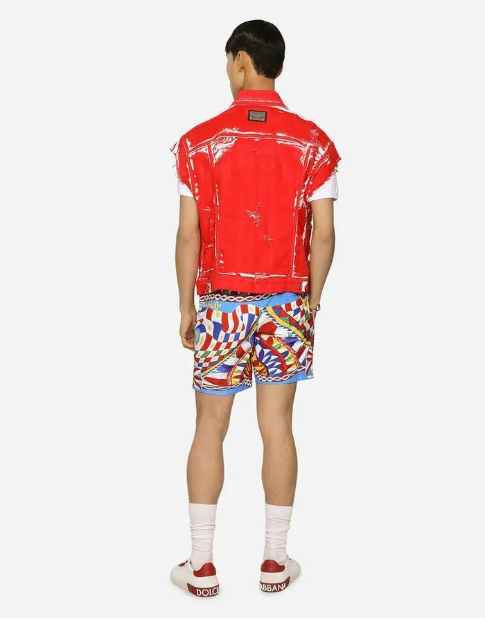 Dolce and Gabbana Denim Men Overdyed Sleeveless Stretch Denim Jacket Red Dolce and Gabbana Denim Men Overdyed Sleeveless Stretch Denim Jacket Red