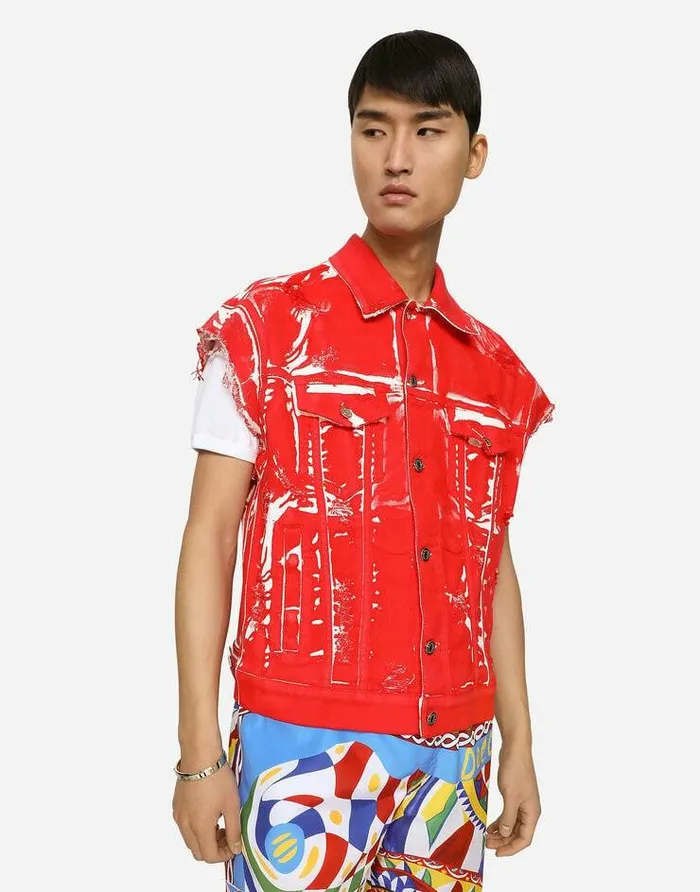 Dolce and Gabbana Denim Men Overdyed Sleeveless Stretch Denim Jacket Red Dolce and Gabbana Denim Men Overdyed Sleeveless Stretch Denim Jacket Red