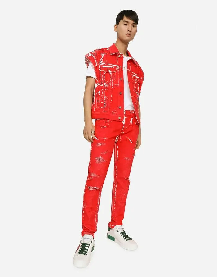 Dolce and Gabbana Denim Men Overdyed Sleeveless Stretch Denim Jacket Red Dolce and Gabbana Denim Men Overdyed Sleeveless Stretch Denim Jacket Red