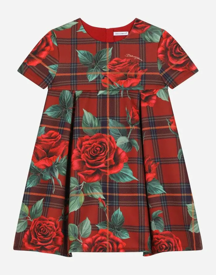 Dolce and Gabbana Dresses Children Shortsleeved Scuba Dress With Tartan And Rose Print Red Dolce and Gabbana Dresses Children Shortsleeved Scuba Dress With Tartan And Rose Print Red