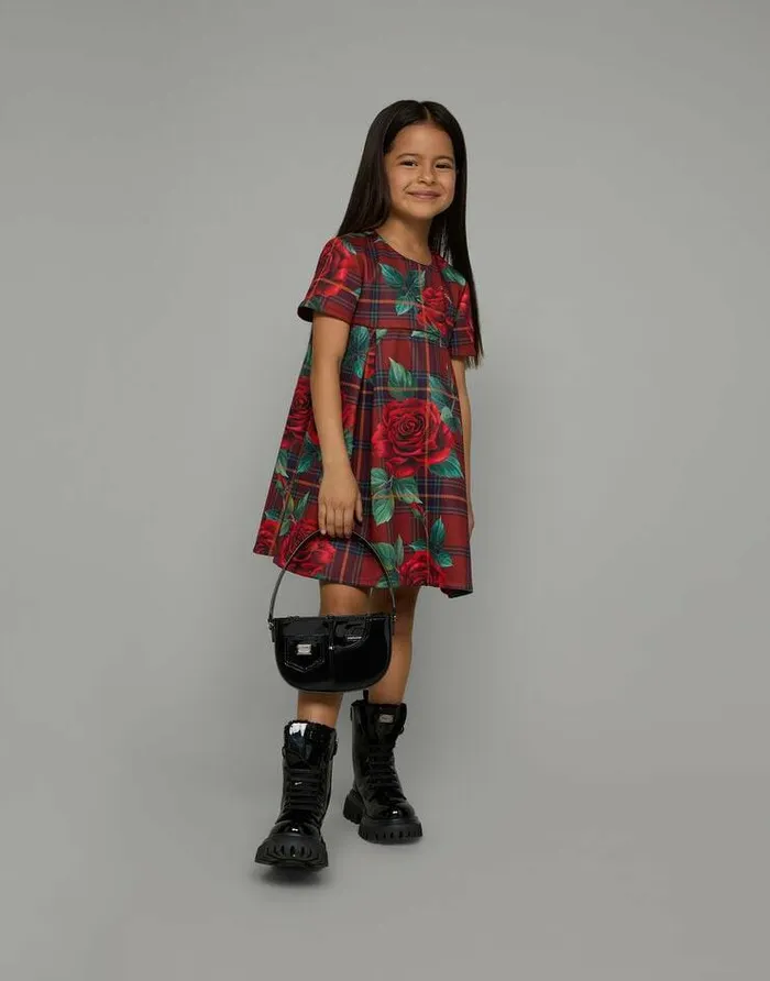 Dolce and Gabbana Dresses Children Shortsleeved Scuba Dress With Tartan And Rose Print Red