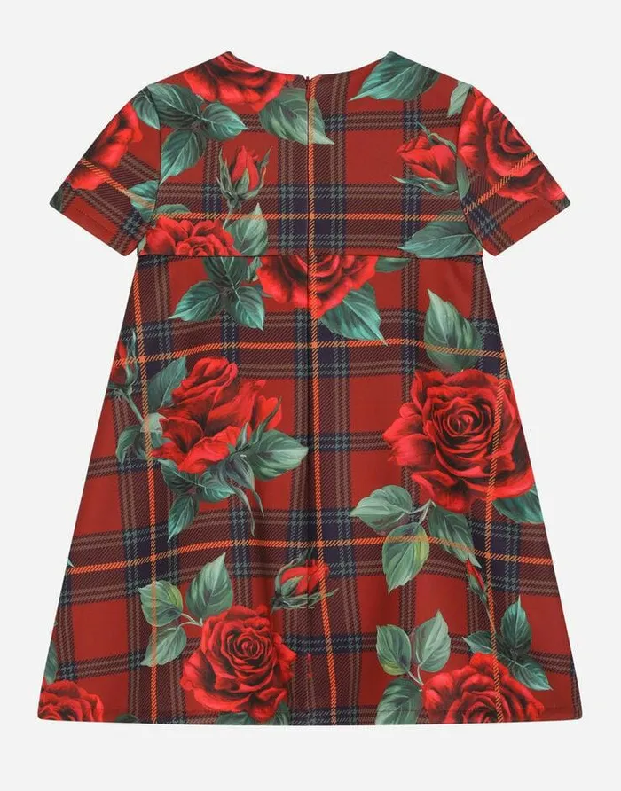 Dolce and Gabbana Dresses Children Shortsleeved Scuba Dress With Tartan And Rose Print Red