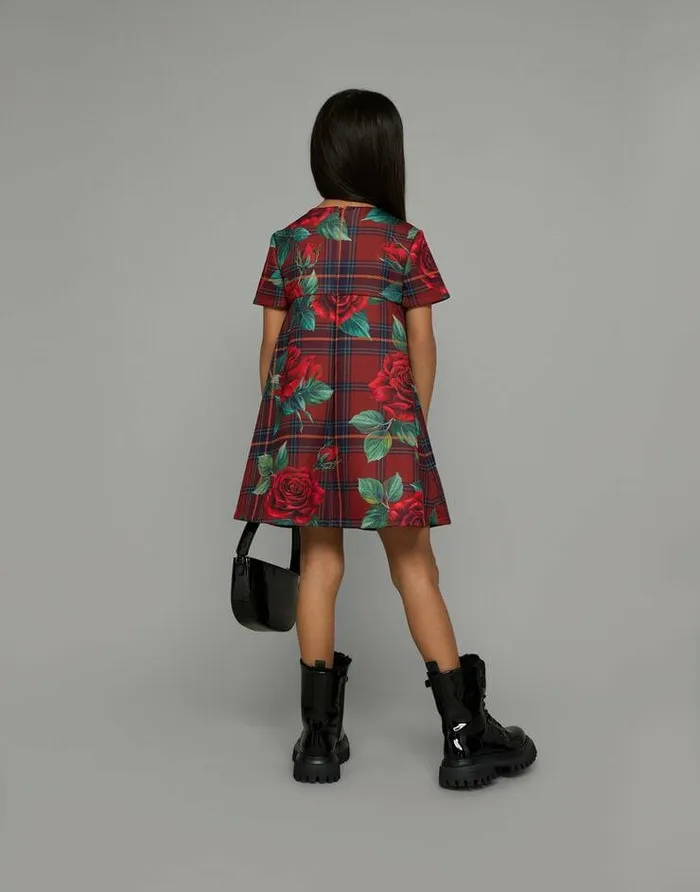 Dolce and Gabbana Dresses Children Shortsleeved Scuba Dress With Tartan And Rose Print Red