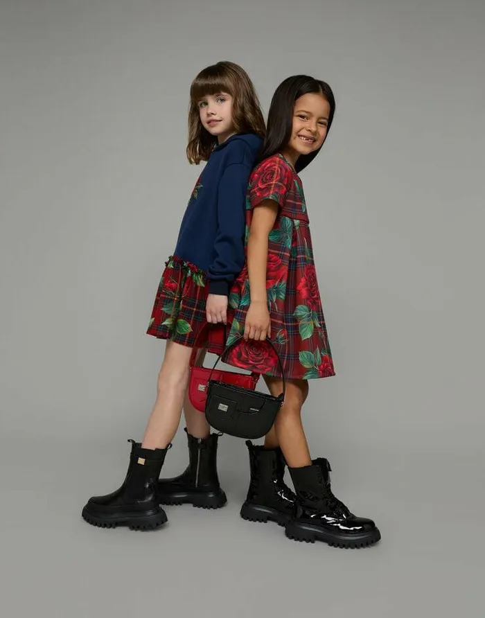 Dolce and Gabbana Dresses Children Shortsleeved Scuba Dress With Tartan And Rose Print Red
