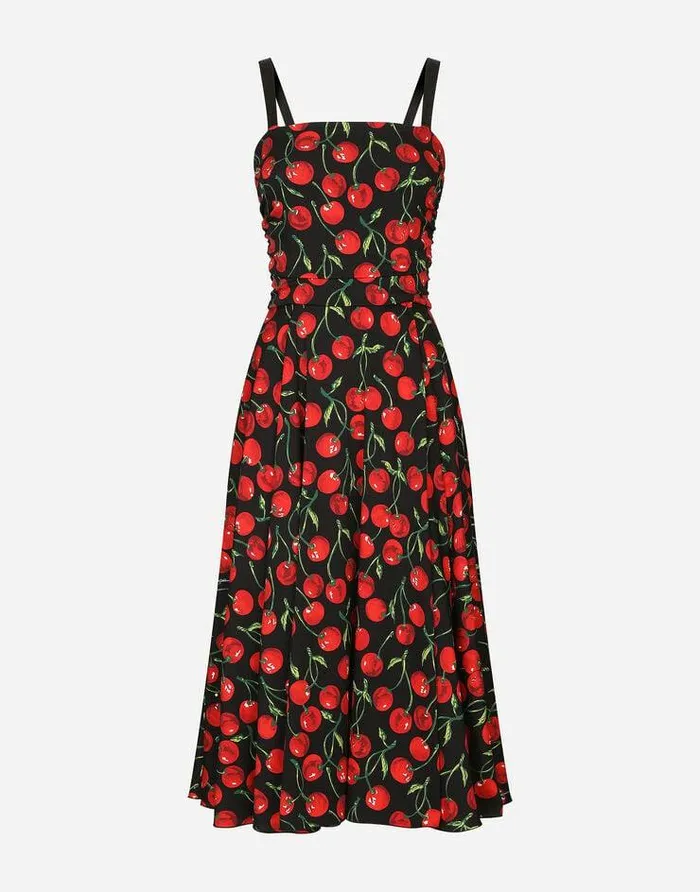 Dolce and Gabbana Dresses Women Cherryprint Charmeuse Calflength Dress Multicolor
