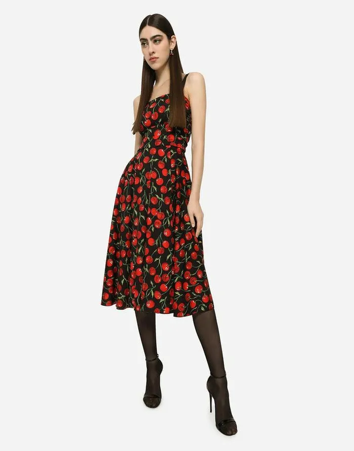 Dolce and Gabbana Dresses Women Cherryprint Charmeuse Calflength Dress Multicolor Dolce and Gabbana Dresses Women Cherryprint Charmeuse Calflength Dress Multicolor