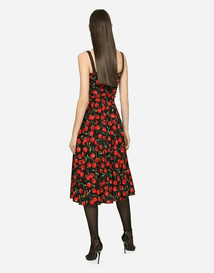 Dolce and Gabbana Dresses Women Cherryprint Charmeuse Calflength Dress Multicolor Dolce and Gabbana Dresses Women Cherryprint Charmeuse Calflength Dress Multicolor