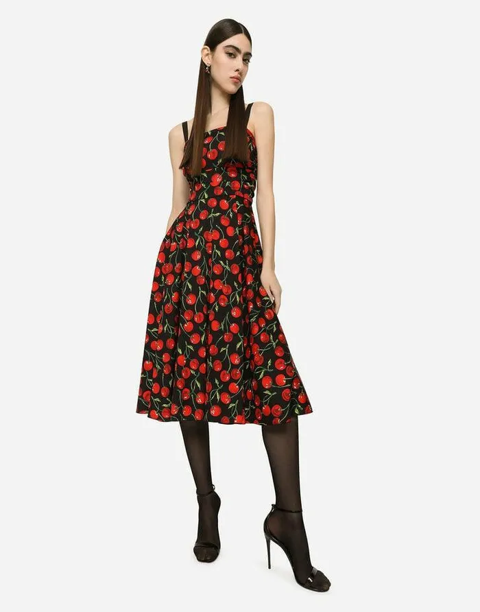 Dolce and Gabbana Dresses Women Cherryprint Charmeuse Calflength Dress Multicolor Dolce and Gabbana Dresses Women Cherryprint Charmeuse Calflength Dress Multicolor