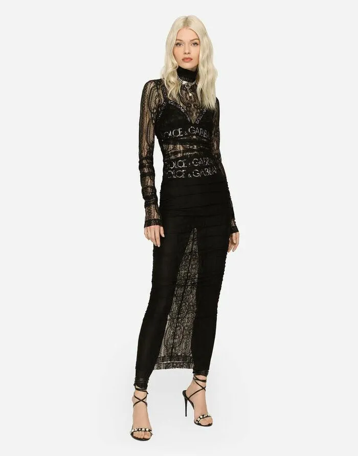 Dolce and Gabbana Dresses Women Lace Calflength Dress Black Dolce and Gabbana Dresses Women Lace Calflength Dress Black