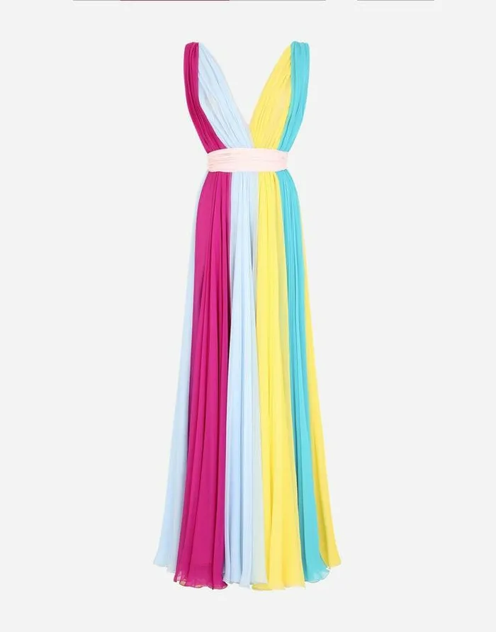 Dolce and Gabbana Dresses Women Long Multicolored Chiffon Dress Multicolor