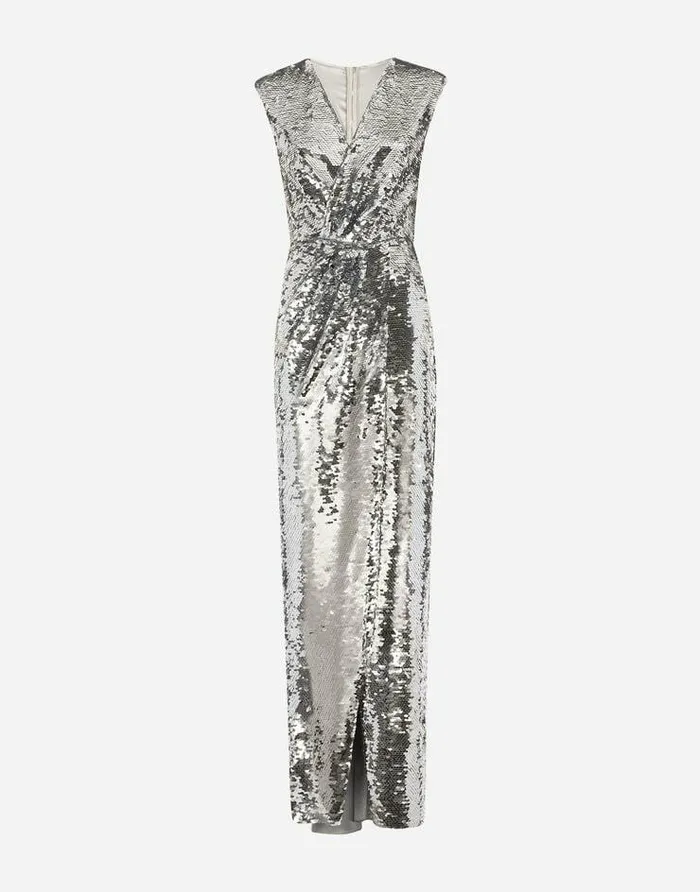 Dolce and Gabbana Dresses Women Long Sequined Dress With Draping Silver