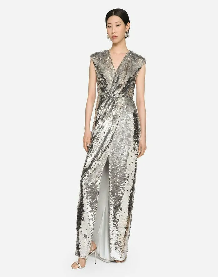 Dolce and Gabbana Dresses Women Long Sequined Dress With Draping Silver Dolce and Gabbana Dresses Women Long Sequined Dress With Draping Silver