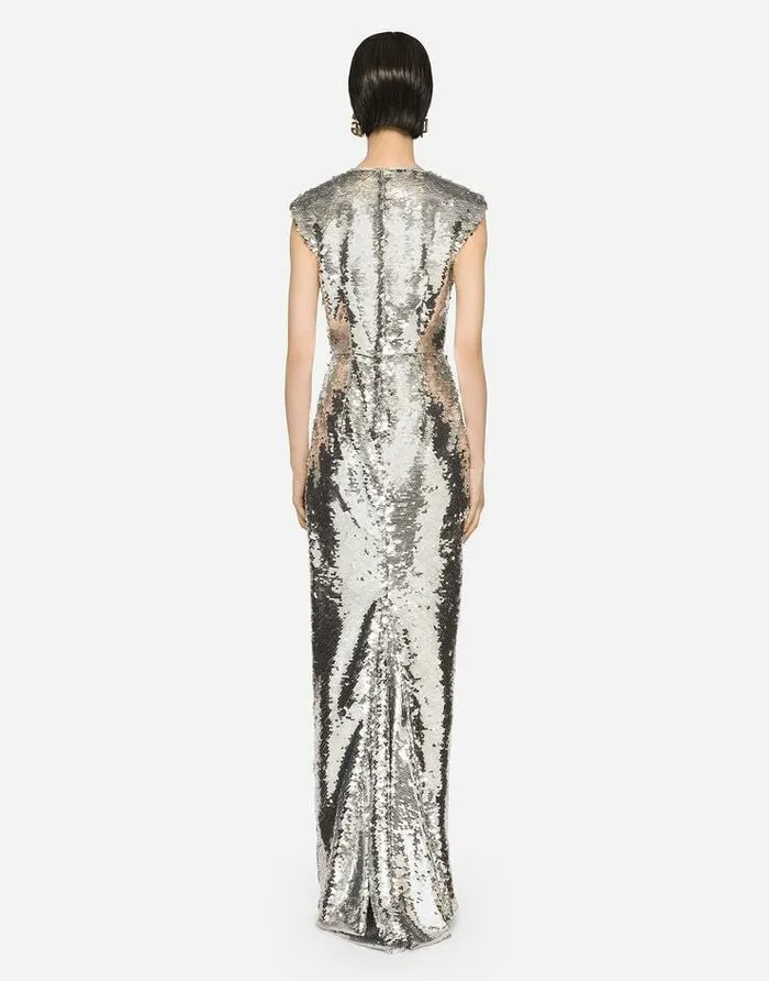 Dolce and Gabbana Dresses Women Long Sequined Dress With Draping Silver Dolce and Gabbana Dresses Women Long Sequined Dress With Draping Silver