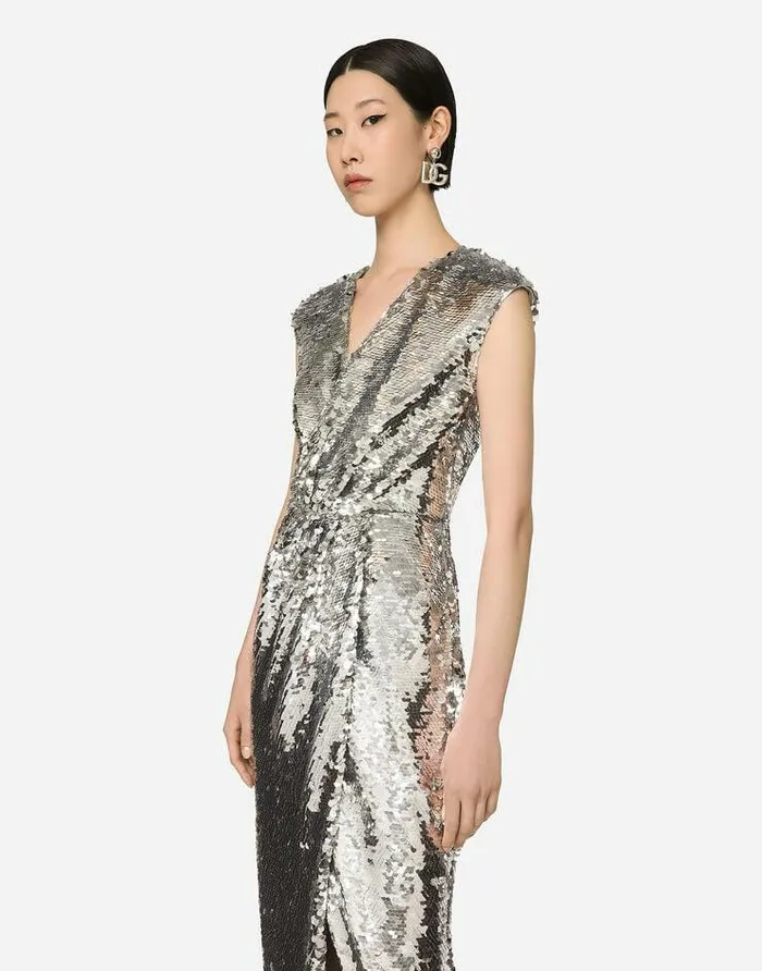 Dolce and Gabbana Dresses Women Long Sequined Dress With Draping Silver Dolce and Gabbana Dresses Women Long Sequined Dress With Draping Silver