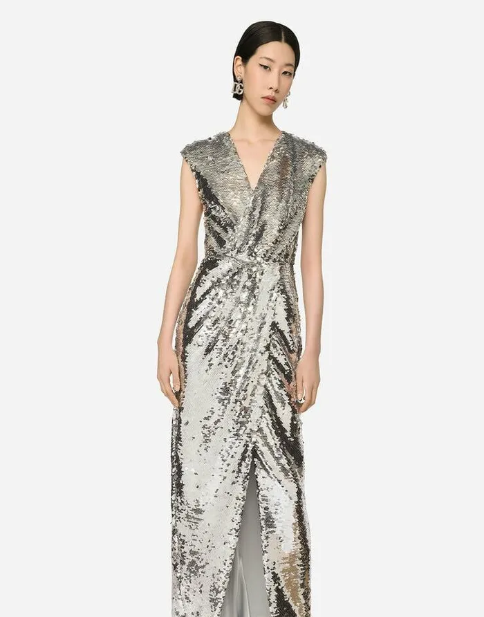 Dolce and Gabbana Dresses Women Long Sequined Dress With Draping Silver Dolce and Gabbana Dresses Women Long Sequined Dress With Draping Silver