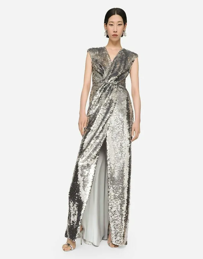 Dolce and Gabbana Dresses Women Long Sequined Dress With Draping Silver Dolce and Gabbana Dresses Women Long Sequined Dress With Draping Silver