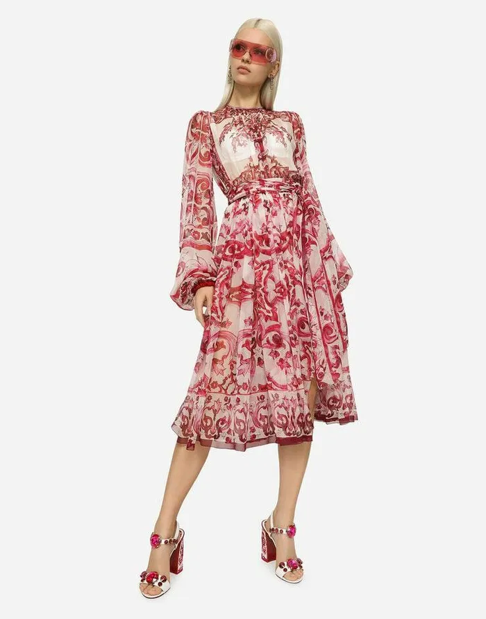 Dolce and Gabbana Dresses Women Majolicaprint Chiffon Midi Dress Multicolor Dolce and Gabbana Dresses Women Majolicaprint Chiffon Midi Dress Multicolor