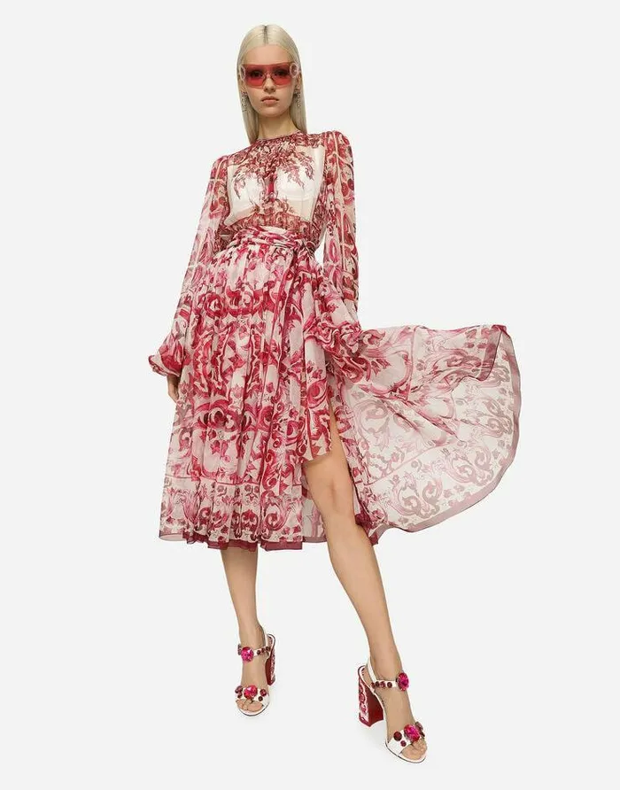 Dolce and Gabbana Dresses Women Majolicaprint Chiffon Midi Dress Multicolor Dolce and Gabbana Dresses Women Majolicaprint Chiffon Midi Dress Multicolor