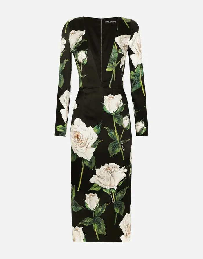 Dolce and Gabbana Dresses Women Satin Calflength Dress With White Rose Print Multicolor Dolce and Gabbana Dresses Women Satin Calflength Dress With White Rose Print Multicolor