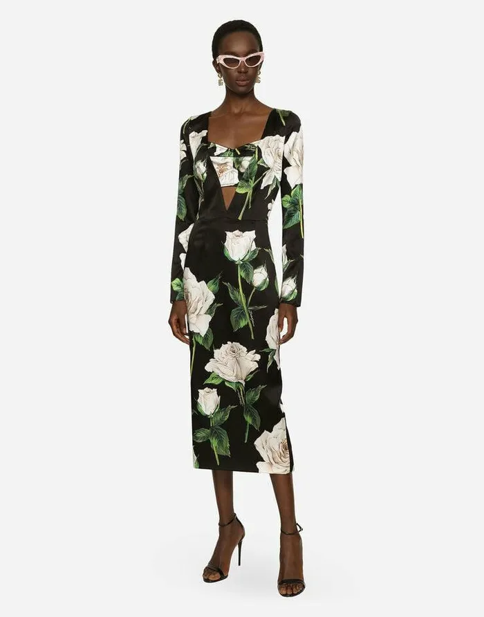 Dolce and Gabbana Dresses Women Satin Calflength Dress With White Rose Print Multicolor Dolce and Gabbana Dresses Women Satin Calflength Dress With White Rose Print Multicolor