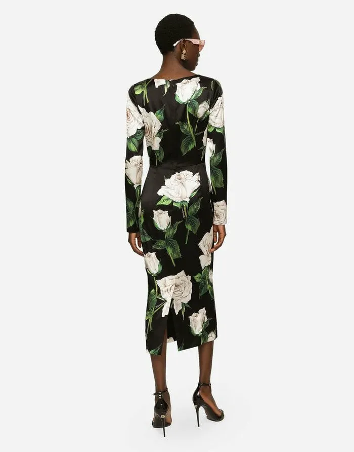 Dolce and Gabbana Dresses Women Satin Calflength Dress With White Rose Print Multicolor Dolce and Gabbana Dresses Women Satin Calflength Dress With White Rose Print Multicolor