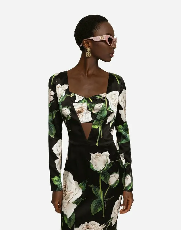 Dolce and Gabbana Dresses Women Satin Calflength Dress With White Rose Print Multicolor Dolce and Gabbana Dresses Women Satin Calflength Dress With White Rose Print Multicolor