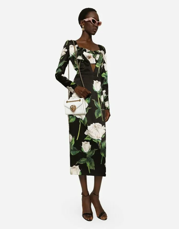 Dolce and Gabbana Dresses Women Satin Calflength Dress With White Rose Print Multicolor Dolce and Gabbana Dresses Women Satin Calflength Dress With White Rose Print Multicolor