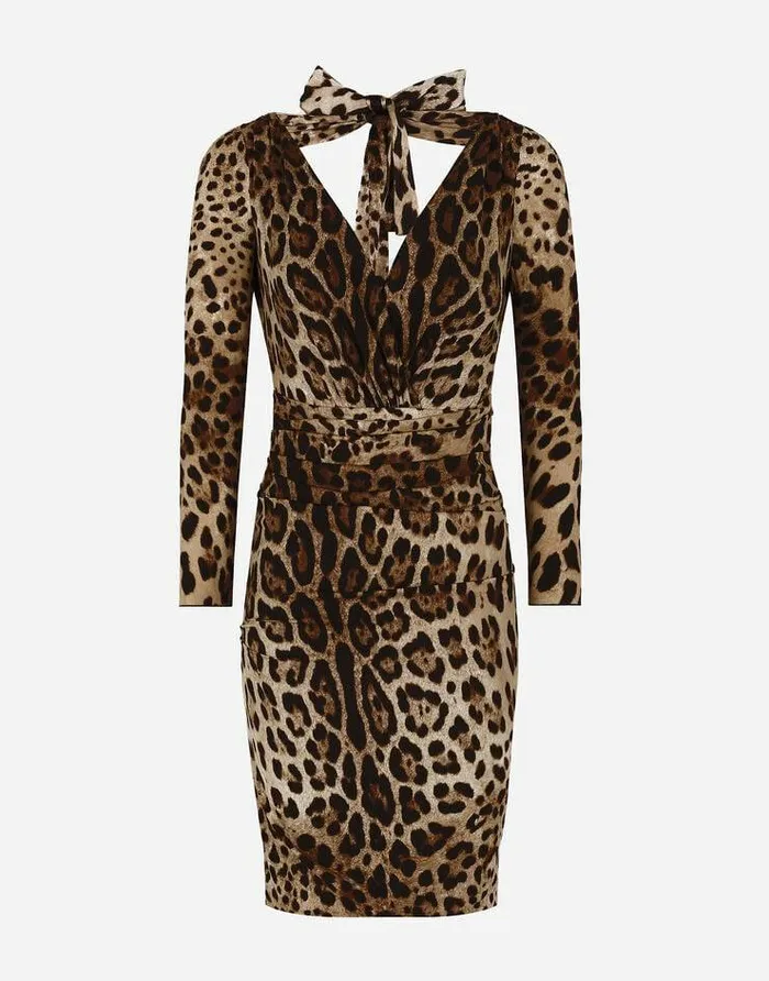 Dolce and Gabbana Dresses Women Short Charmeuse Dress With Leopard Print And Tie Multicolor Dolce and Gabbana Dresses Women Short Charmeuse Dress With Leopard Print And Tie Multicolor