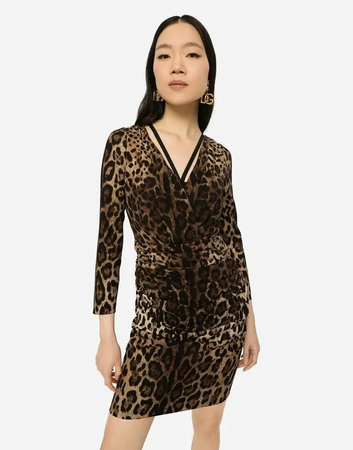 Dolce and Gabbana Dresses Women Short Charmeuse Dress With Leopard Print And Tie Multicolor Dolce and Gabbana Dresses Women Short Charmeuse Dress With Leopard Print And Tie Multicolor