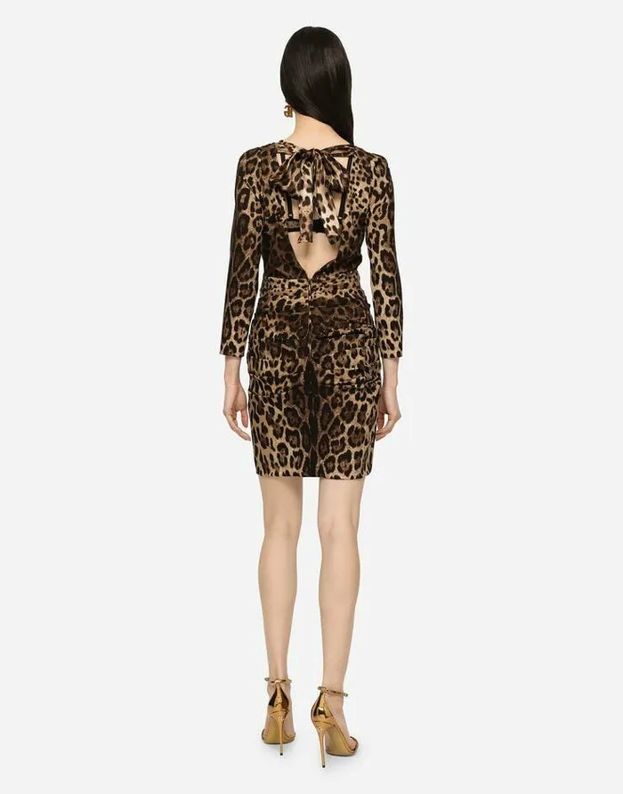 Dolce and Gabbana Dresses Women Short Charmeuse Dress With Leopard Print And Tie Multicolor Dolce and Gabbana Dresses Women Short Charmeuse Dress With Leopard Print And Tie Multicolor