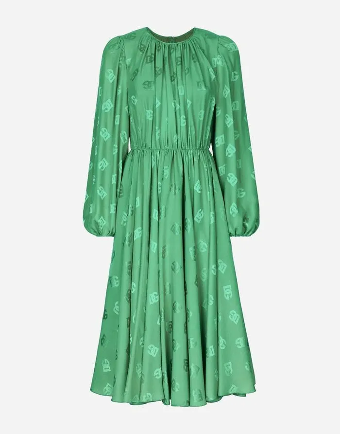 Dolce and Gabbana Dresses Women Silk Calflength Dress With Allover DG Logo Green Dolce and Gabbana Dresses Women Silk Calflength Dress With Allover DG Logo Green