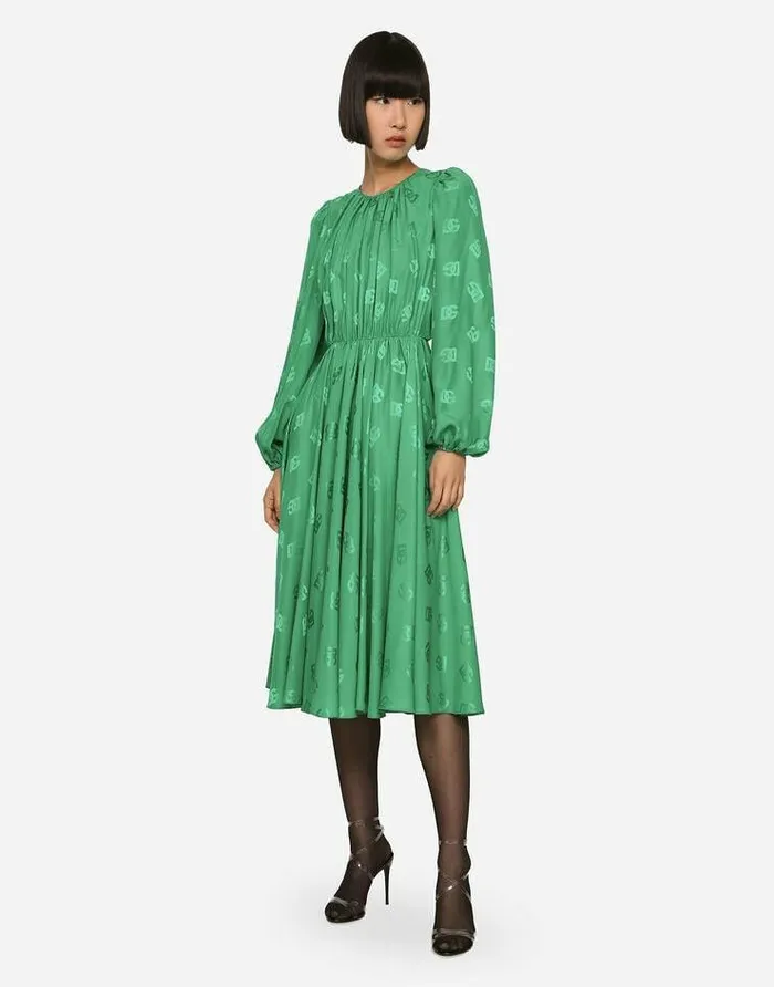 Dolce and Gabbana Dresses Women Silk Calflength Dress With Allover DG Logo Green Dolce and Gabbana Dresses Women Silk Calflength Dress With Allover DG Logo Green
