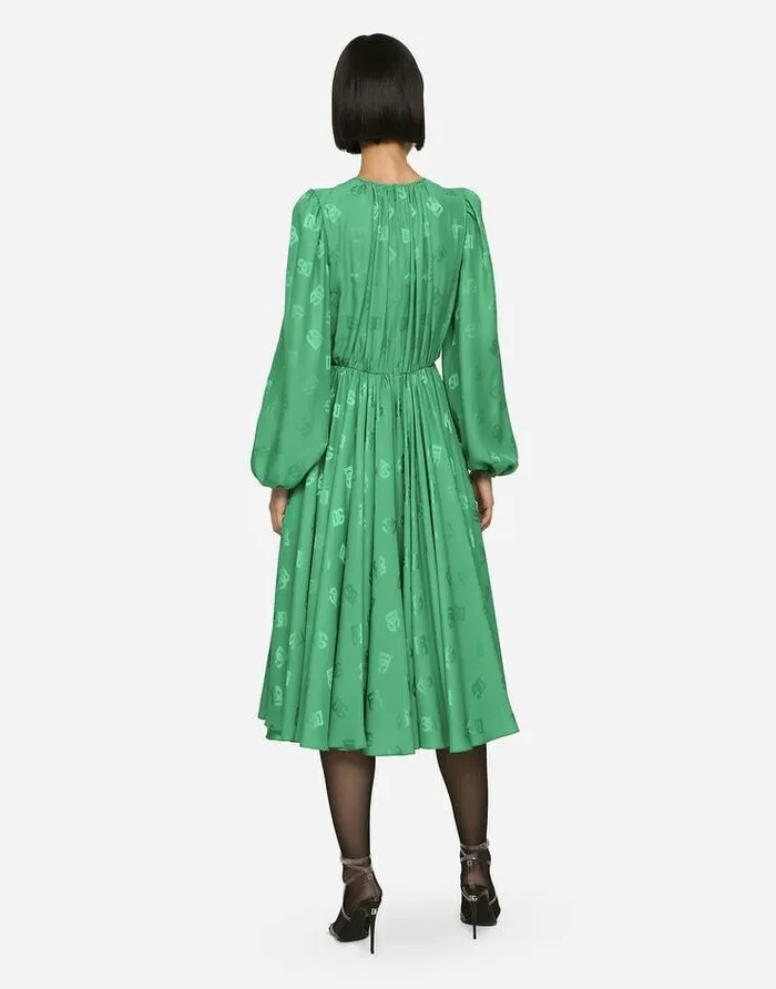 Dolce and Gabbana Dresses Women Silk Calflength Dress With Allover DG Logo Green Dolce and Gabbana Dresses Women Silk Calflength Dress With Allover DG Logo Green