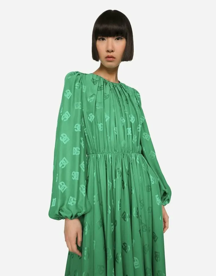 Dolce and Gabbana Dresses Women Silk Calflength Dress With Allover DG Logo Green Dolce and Gabbana Dresses Women Silk Calflength Dress With Allover DG Logo Green