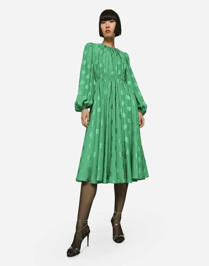 Dolce and Gabbana Dresses Women Silk Calflength Dress With Allover DG Logo Green Dolce and Gabbana Dresses Women Silk Calflength Dress With Allover DG Logo Green