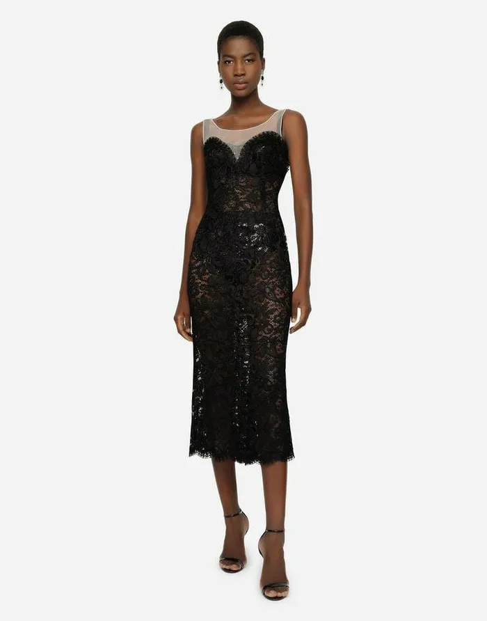 Dolce and Gabbana Dresses Women Sleeveless Lace And Tulle Calflength Dress Black Dolce and Gabbana Dresses Women Sleeveless Lace And Tulle Calflength Dress Black