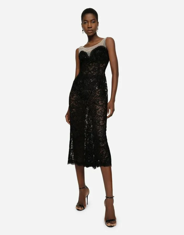 Dolce and Gabbana Dresses Women Sleeveless Lace And Tulle Calflength Dress Black Dolce and Gabbana Dresses Women Sleeveless Lace And Tulle Calflength Dress Black