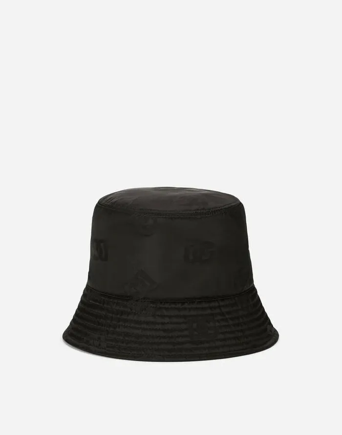 Dolce and Gabbana Hats And Gloves Men Satin Jacquard Bucket Hat With DG Monogram Detail Black