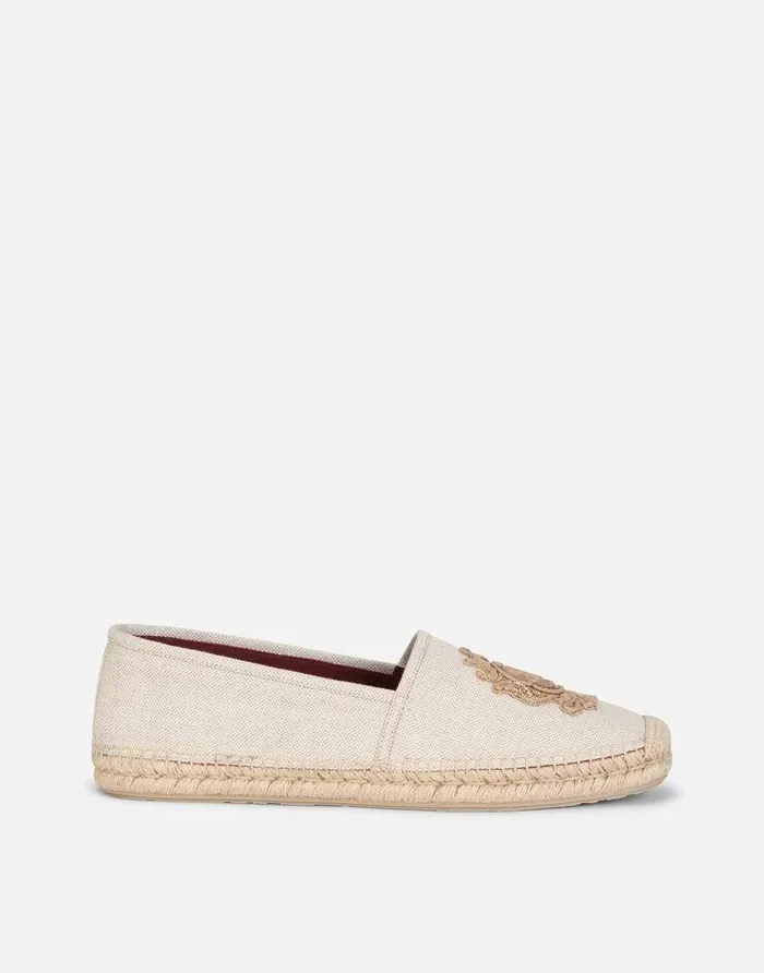 Dolce and Gabbana Loafers And Moccasins Men Canvas Espadrilles With Coat Of Arms Embroidery Beige Dolce and Gabbana Loafers And Moccasins Men Canvas Espadrilles With Coat Of Arms Embroidery Beige