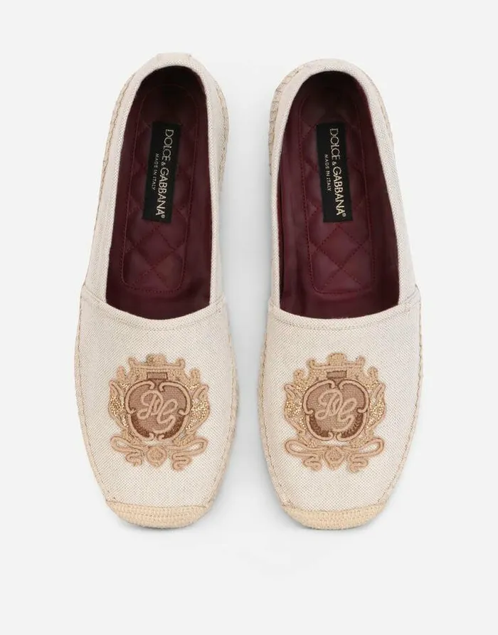 Dolce and Gabbana Loafers And Moccasins Men Canvas Espadrilles With Coat Of Arms Embroidery Beige Dolce and Gabbana Loafers And Moccasins Men Canvas Espadrilles With Coat Of Arms Embroidery Beige