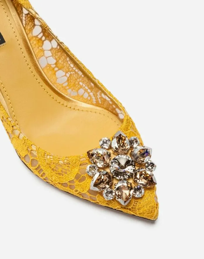 Dolce and Gabbana Pumps And Slingback Women Lace Rainbow Pumps With Brooch Detailing Yellow Dolce and Gabbana Pumps And Slingback Women Lace Rainbow Pumps With Brooch Detailing Yellow