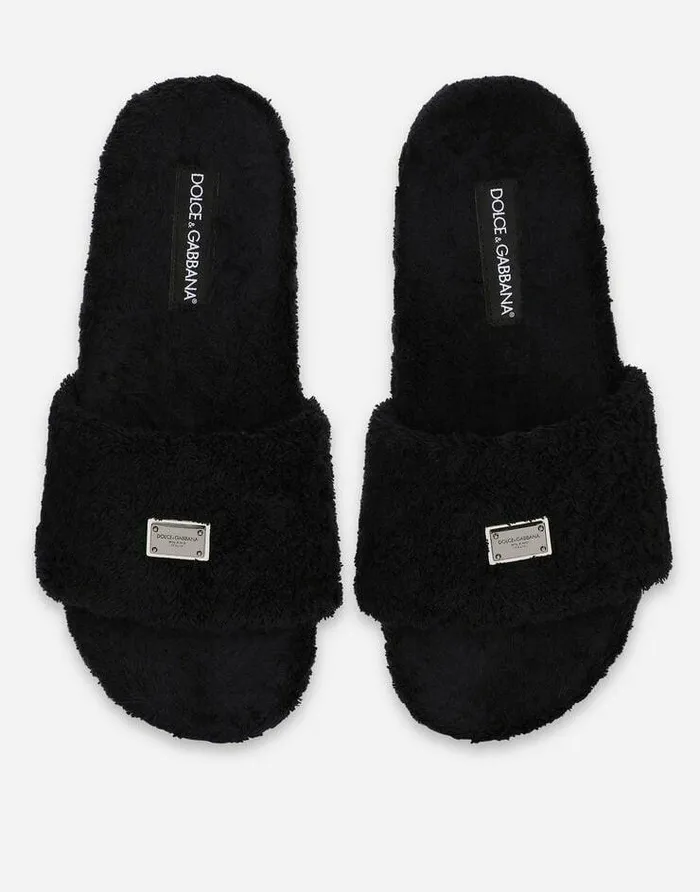 Dolce and Gabbana Sandals And Slides Men Terrycloth Sliders With Logo Tag Black Dolce and Gabbana Sandals And Slides Men Terrycloth Sliders With Logo Tag Black