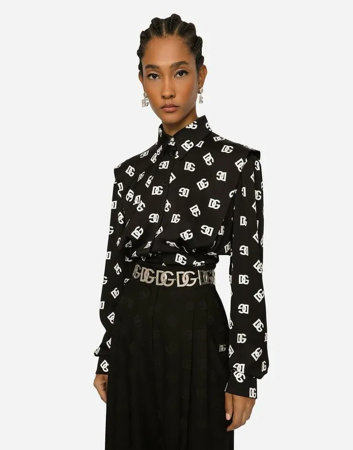 Dolce and Gabbana Shirts And Tops Women Charmeuse Shirt With Allover DG Logo Print Multicolor Dolce and Gabbana Shirts And Tops Women Charmeuse Shirt With Allover DG Logo Print Multicolor