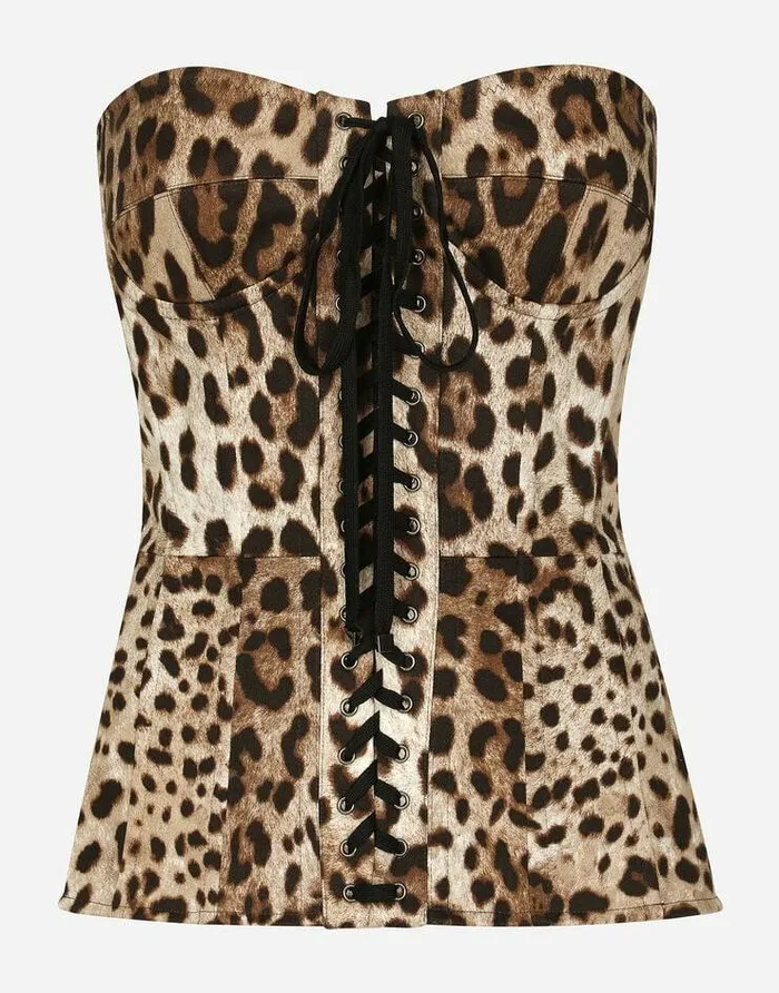 Dolce and Gabbana Shirts And Tops Women Leopardprint Drill Shaper Corset With Laces Animal Print