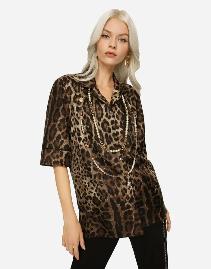 Dolce and Gabbana Shirts And Tops Women Leopardprint Twill Shirt With Piping Multicolor Dolce and Gabbana Shirts And Tops Women Leopardprint Twill Shirt With Piping Multicolor