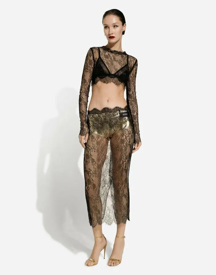 Dolce and Gabbana Shirts And Tops Women Longsleeved Chantilly Lace Crop Top Black Dolce and Gabbana Shirts And Tops Women Longsleeved Chantilly Lace Crop Top Black