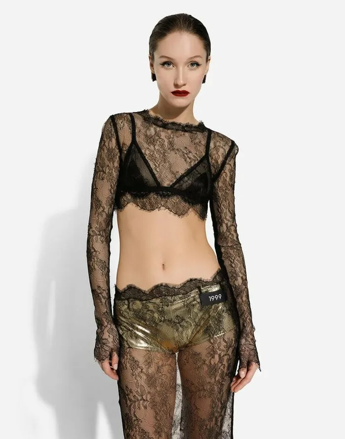 Dolce and Gabbana Shirts And Tops Women Longsleeved Chantilly Lace Crop Top Black Dolce and Gabbana Shirts And Tops Women Longsleeved Chantilly Lace Crop Top Black